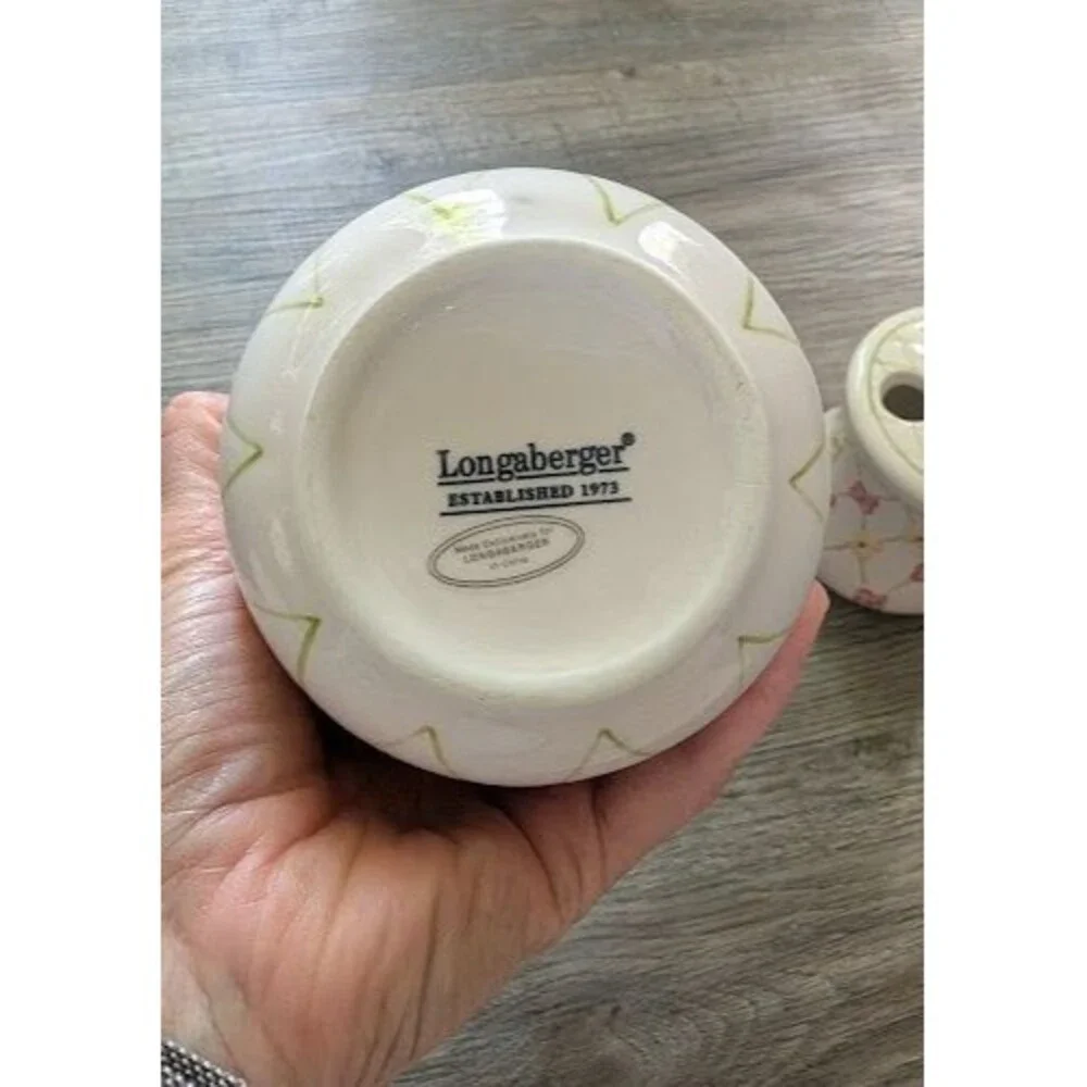 Longaberger Dainty Dogwood hand-painted stoneware soap dispenser  tumbler set